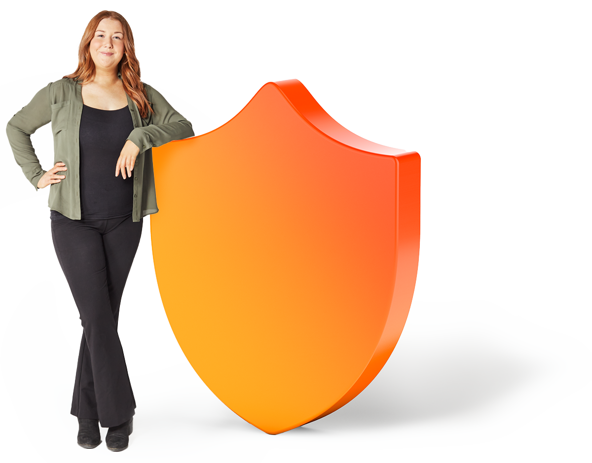 OFX staff member, Sinead, wearing a smart casual outfit, smiling and resting her arm on a 3D orange shield icon.